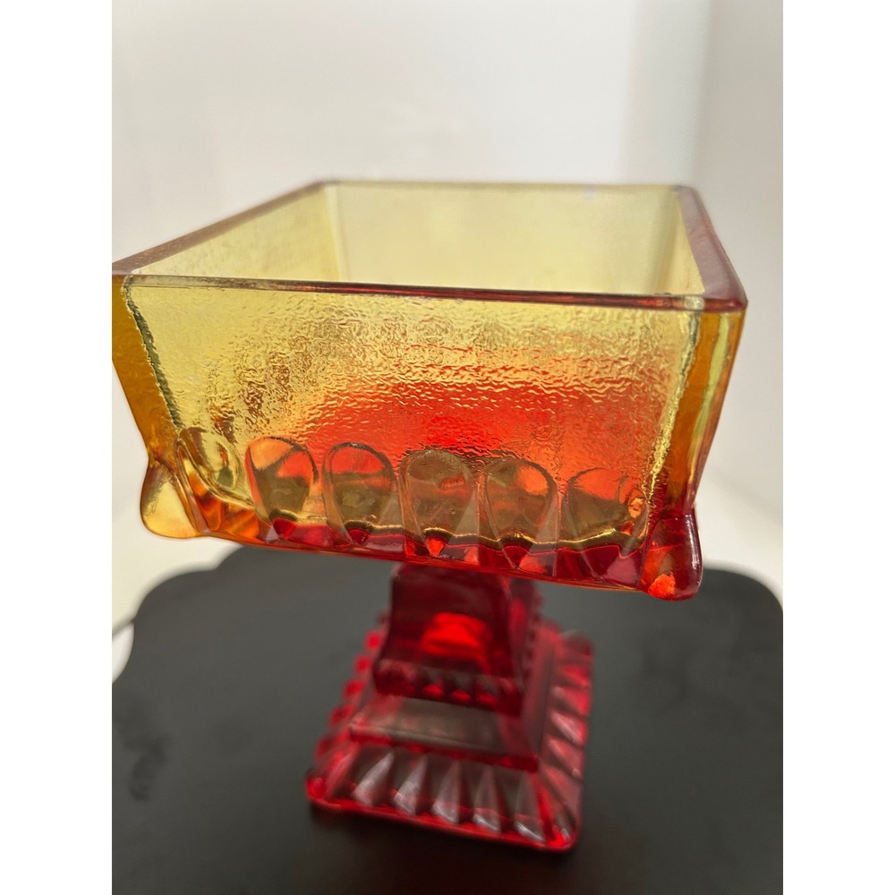Candy Dish Amberina Red Yellow Ombre Glass Footed Pedestal Square Collectible